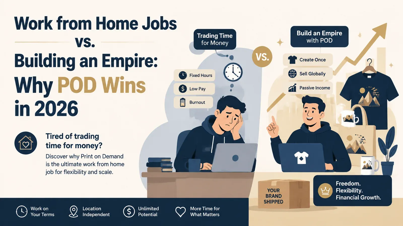 Work from Home Jobs vs. Building an Empire: Why POD Wins in 2026 - post cover