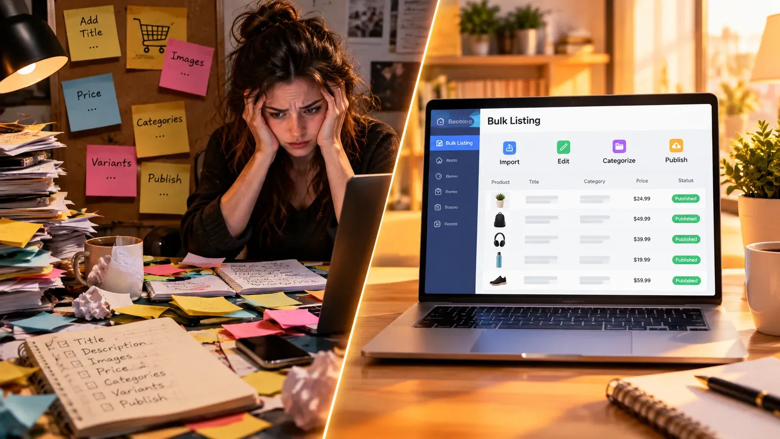 Etsy seller working on bulk listing with multiple product mockups on screen