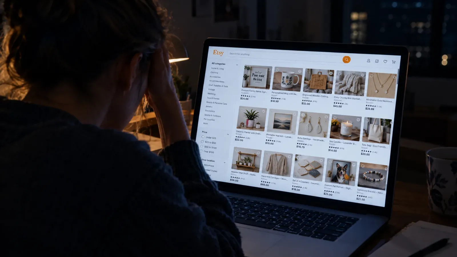 Frustrated seller staring at a long list of Etsy products on a computer screen