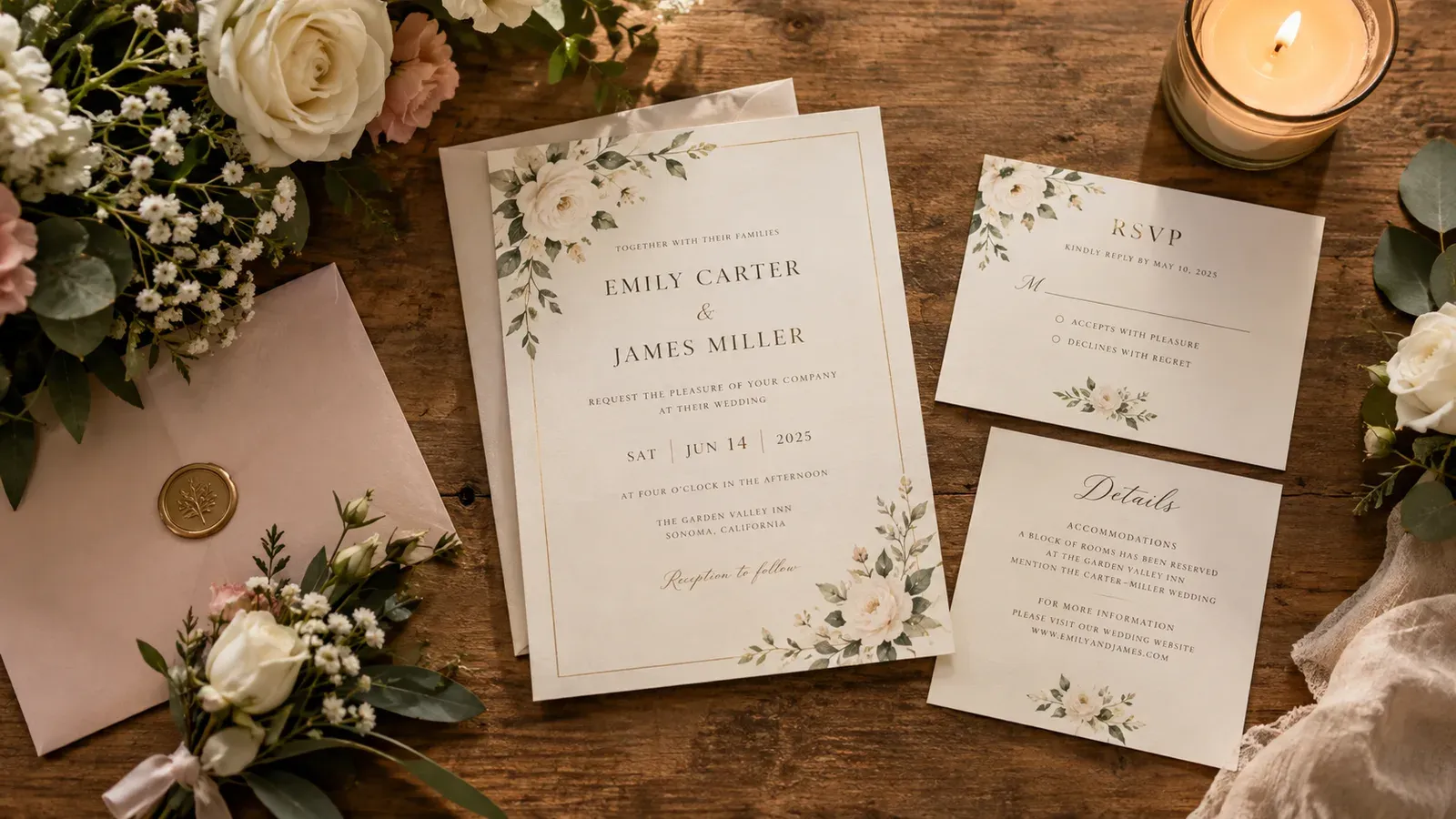 Lifestyle mockup of wedding invitation suite on a wooden table