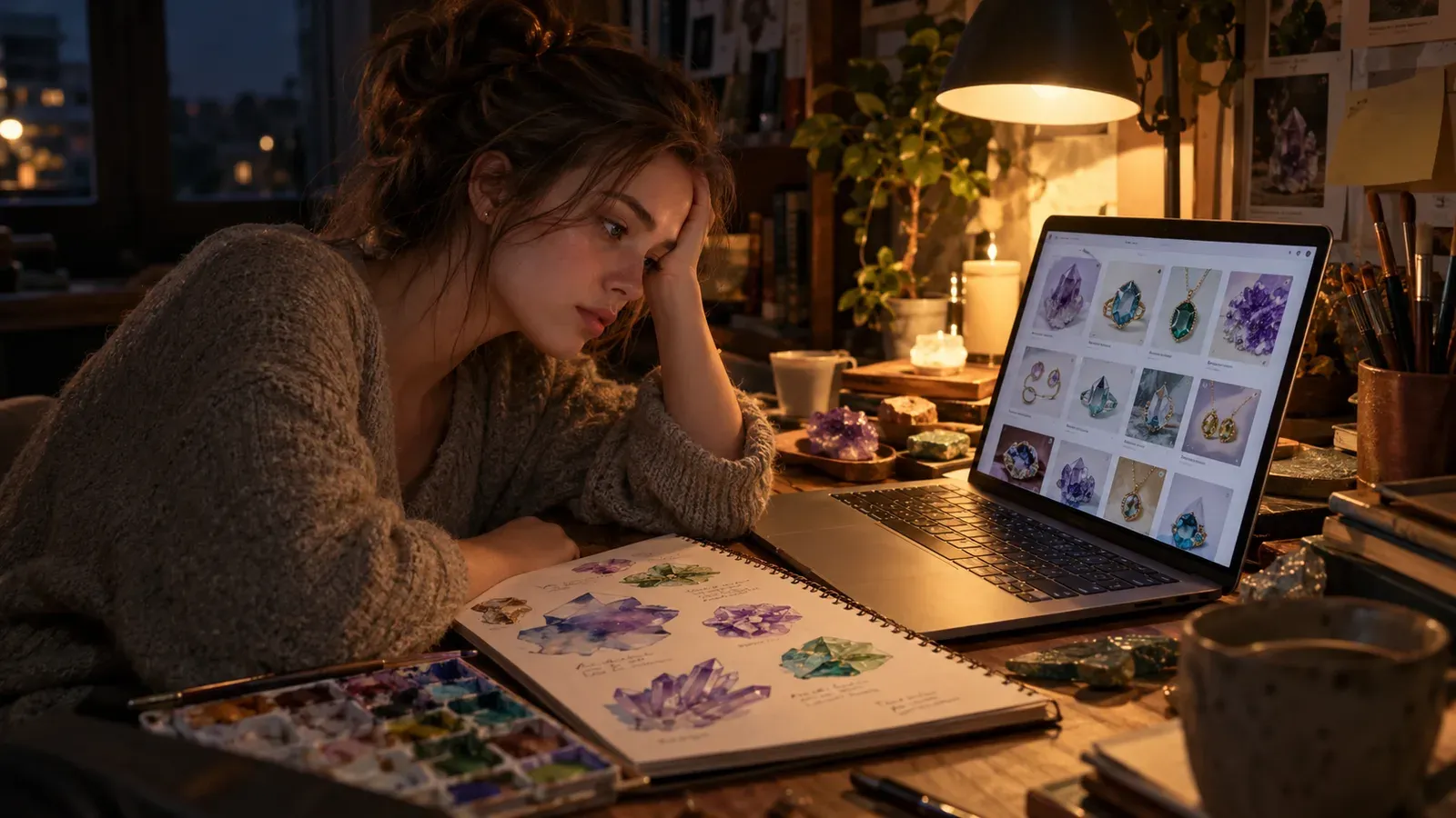 Frustrated seller looking at gemstone designs on laptop