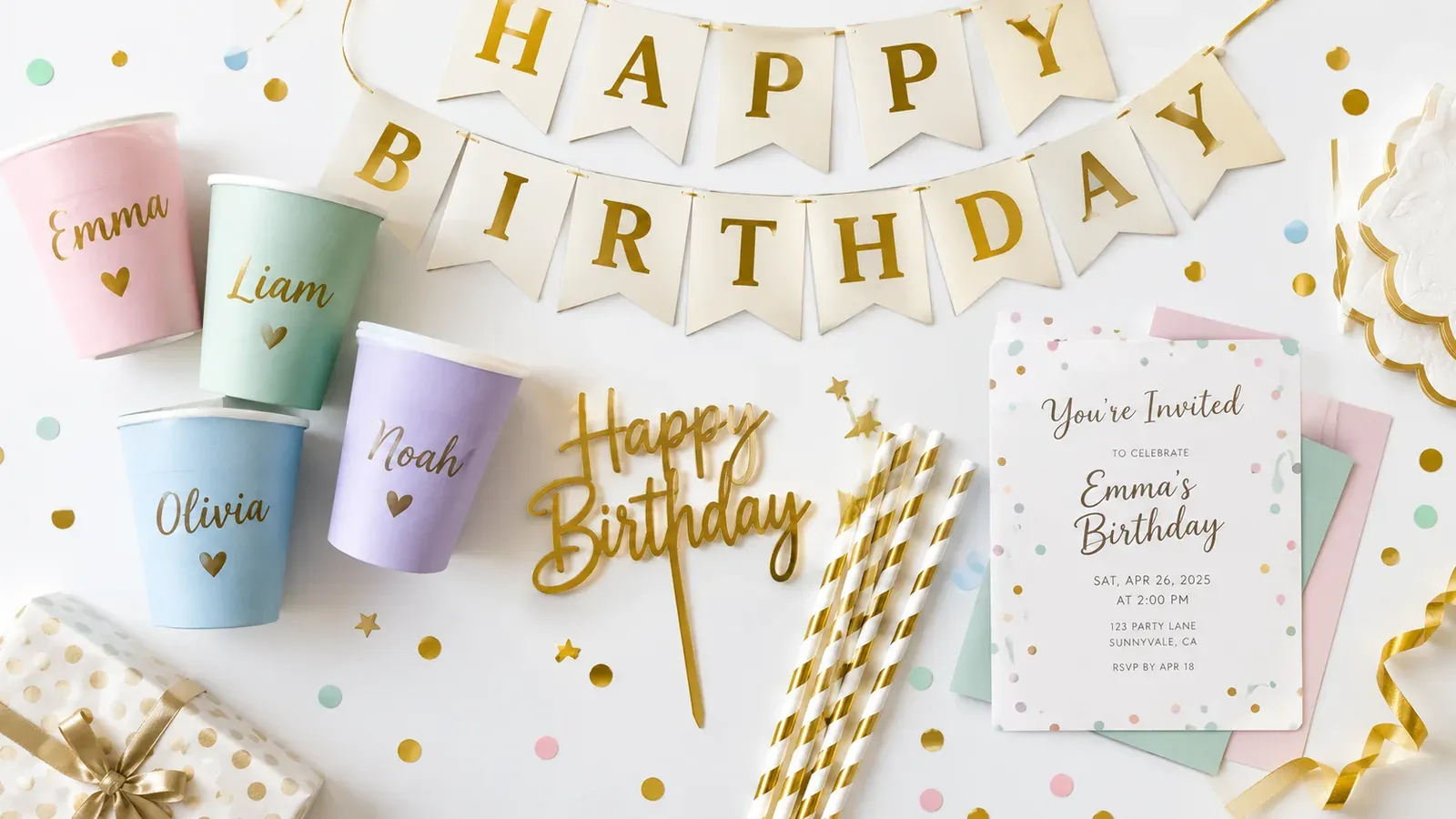 Colorful collection of custom party supplies on white background