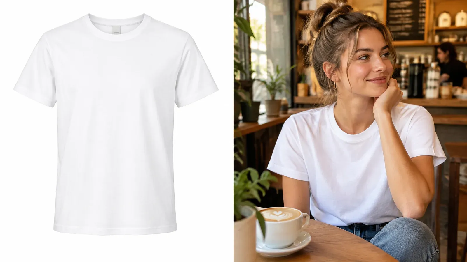 split screen comparison between a plain white background t-shirt mockup and a warm lifestyle image of a person wearing the t-shirt in a coffee shop, Etsy product photography style