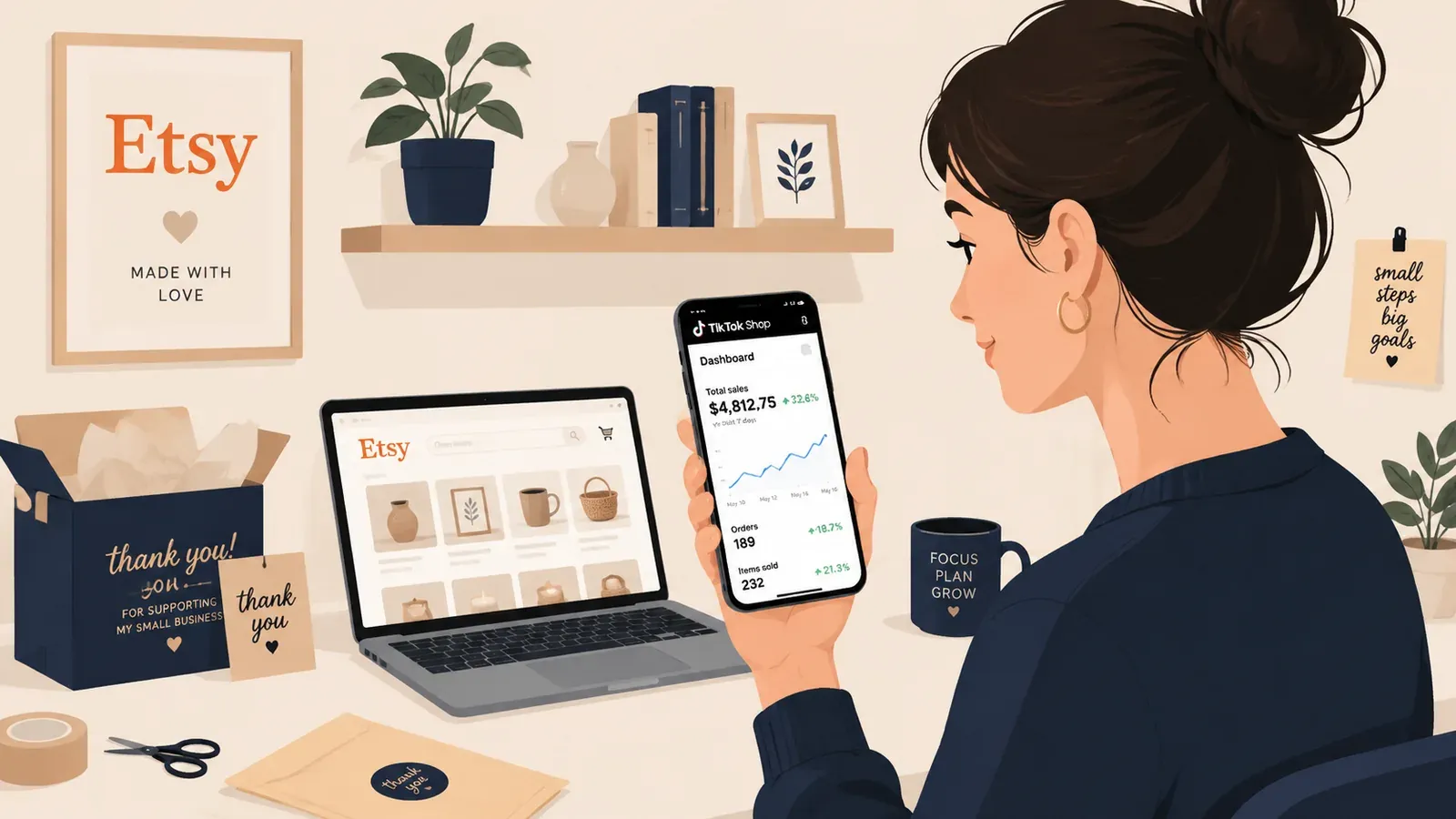 Etsy seller watching TikTok sales dashboard on phone