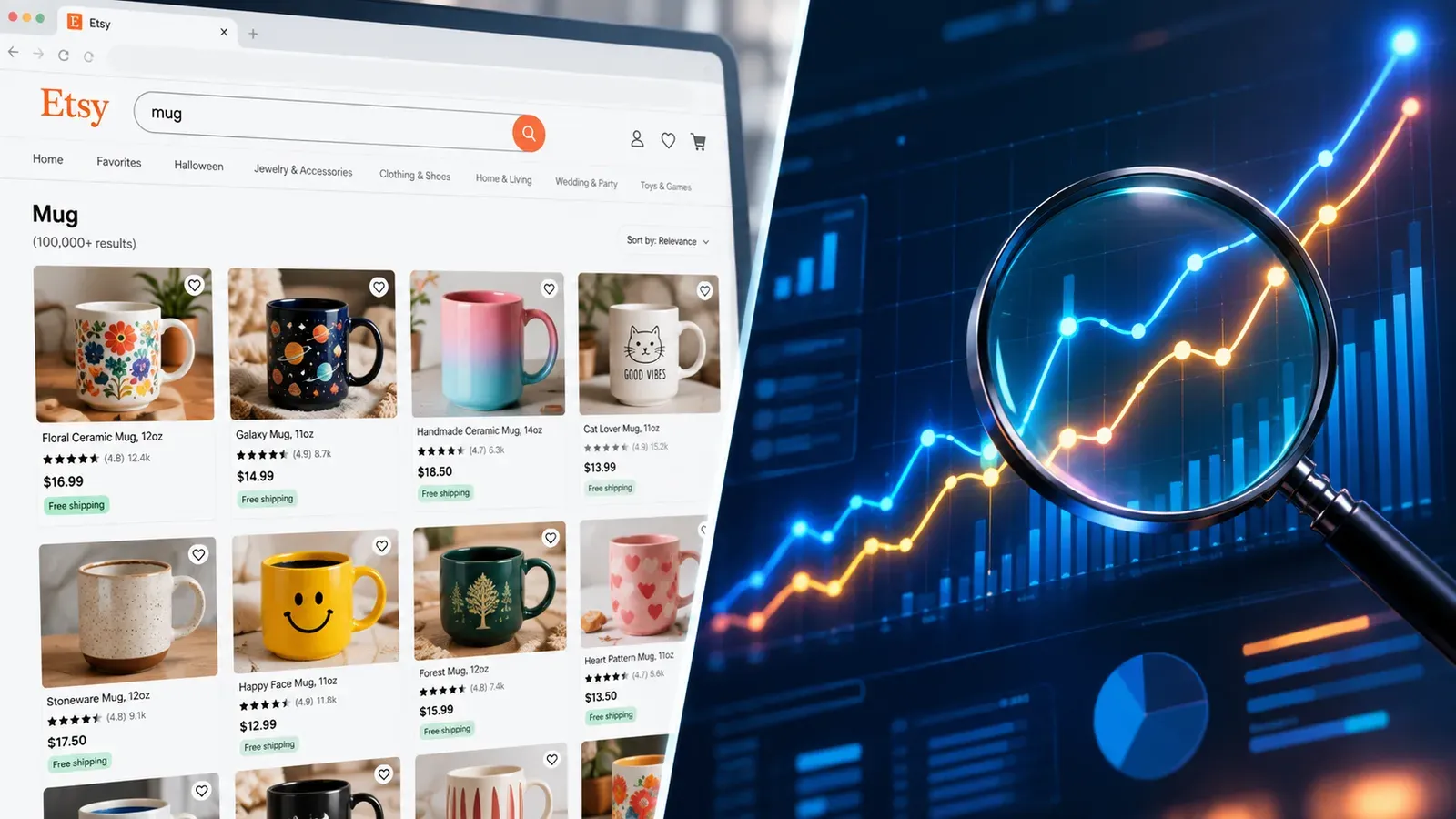 Etsy search results page showing top ranked mugs and analytics icons