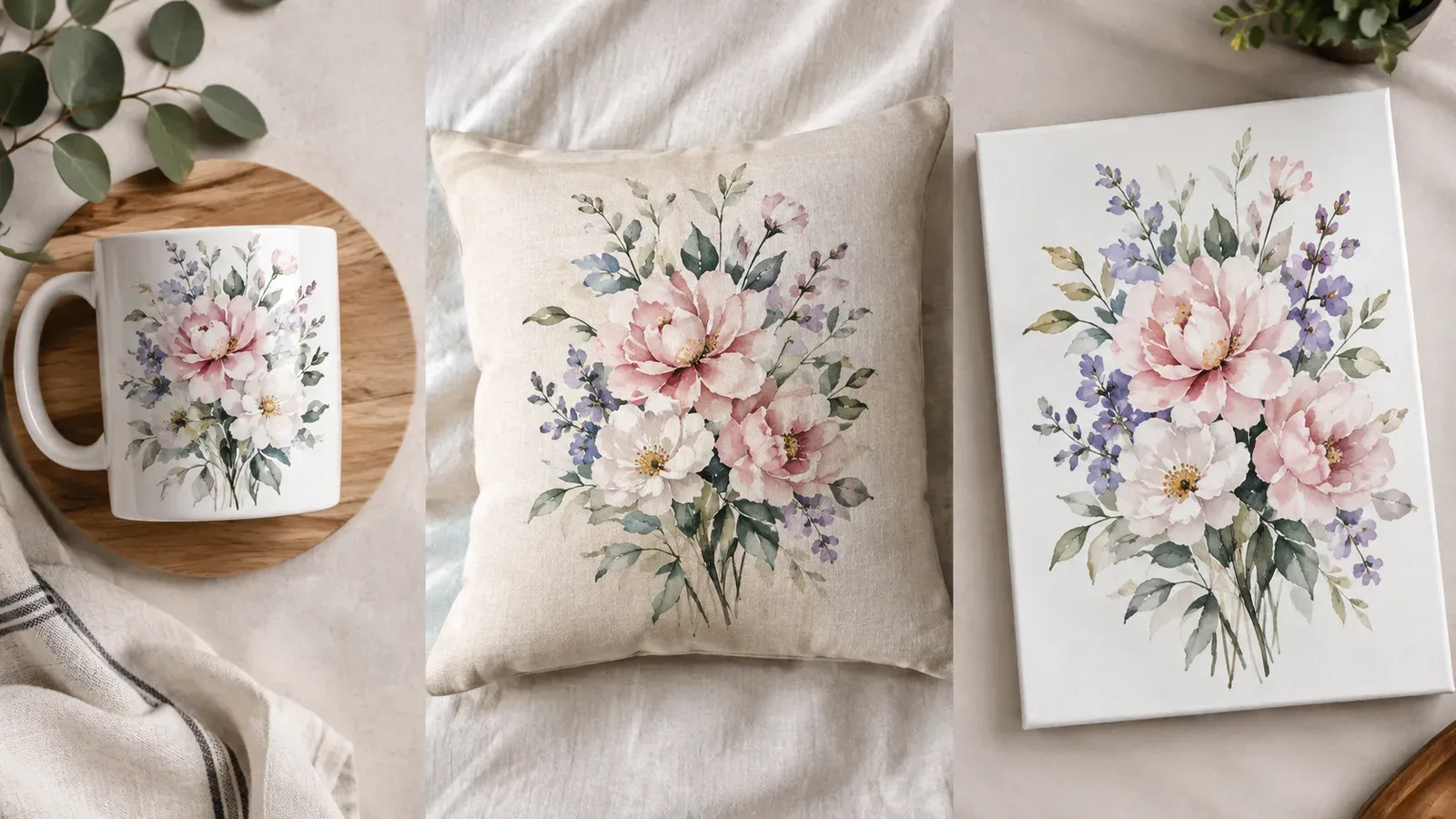 Delicate watercolor design placed on multiple product mockups