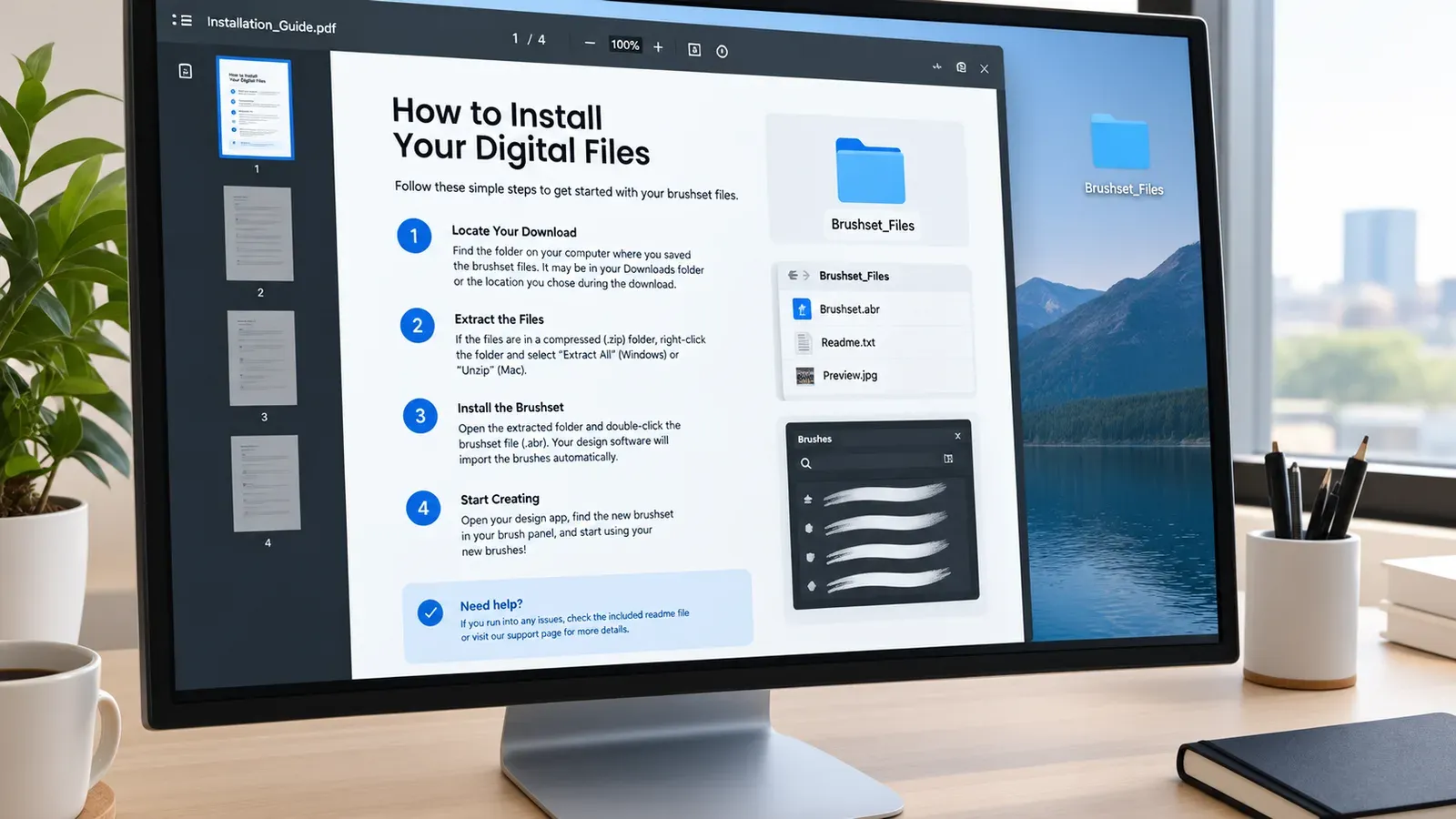 Digital artist organizing files and creating a PDF guide on a computer screen