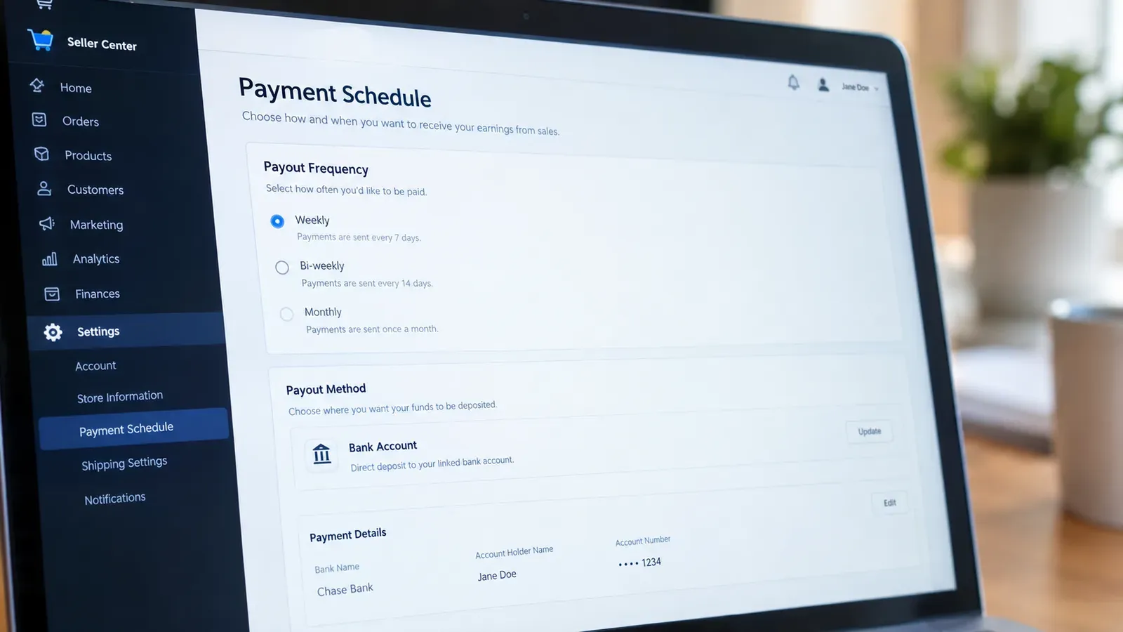 Etsy seller dashboard showing payment account and deposit schedule