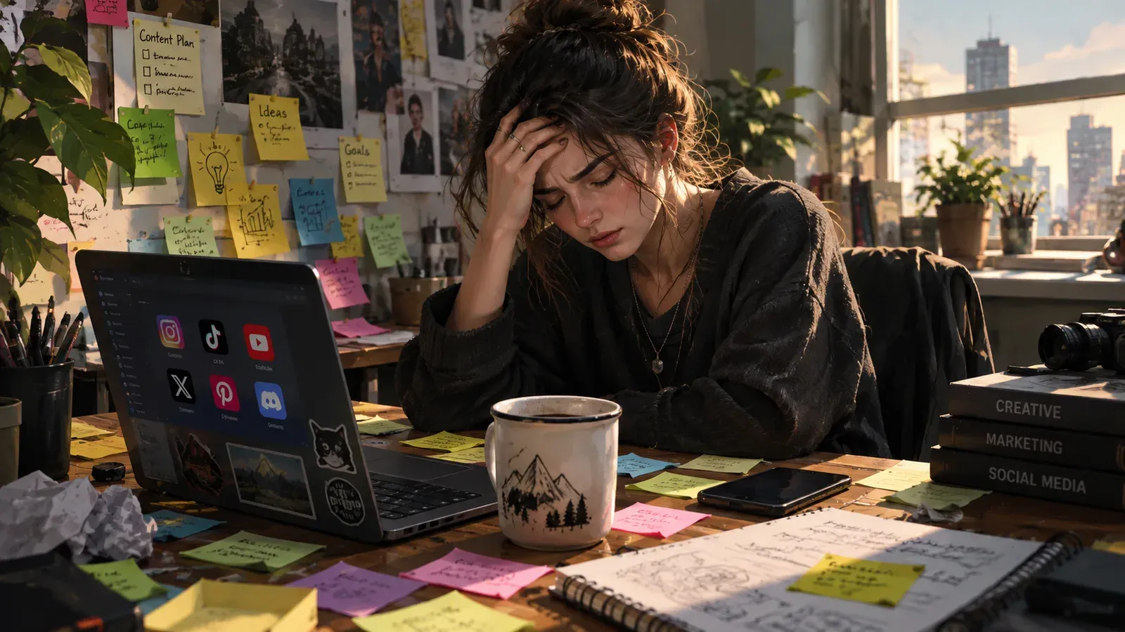 Frustrated seller surrounded by social media icons and cluttered desk