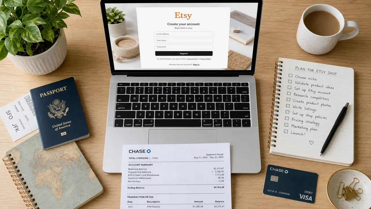 Etsy seller registration checklist with documents and card