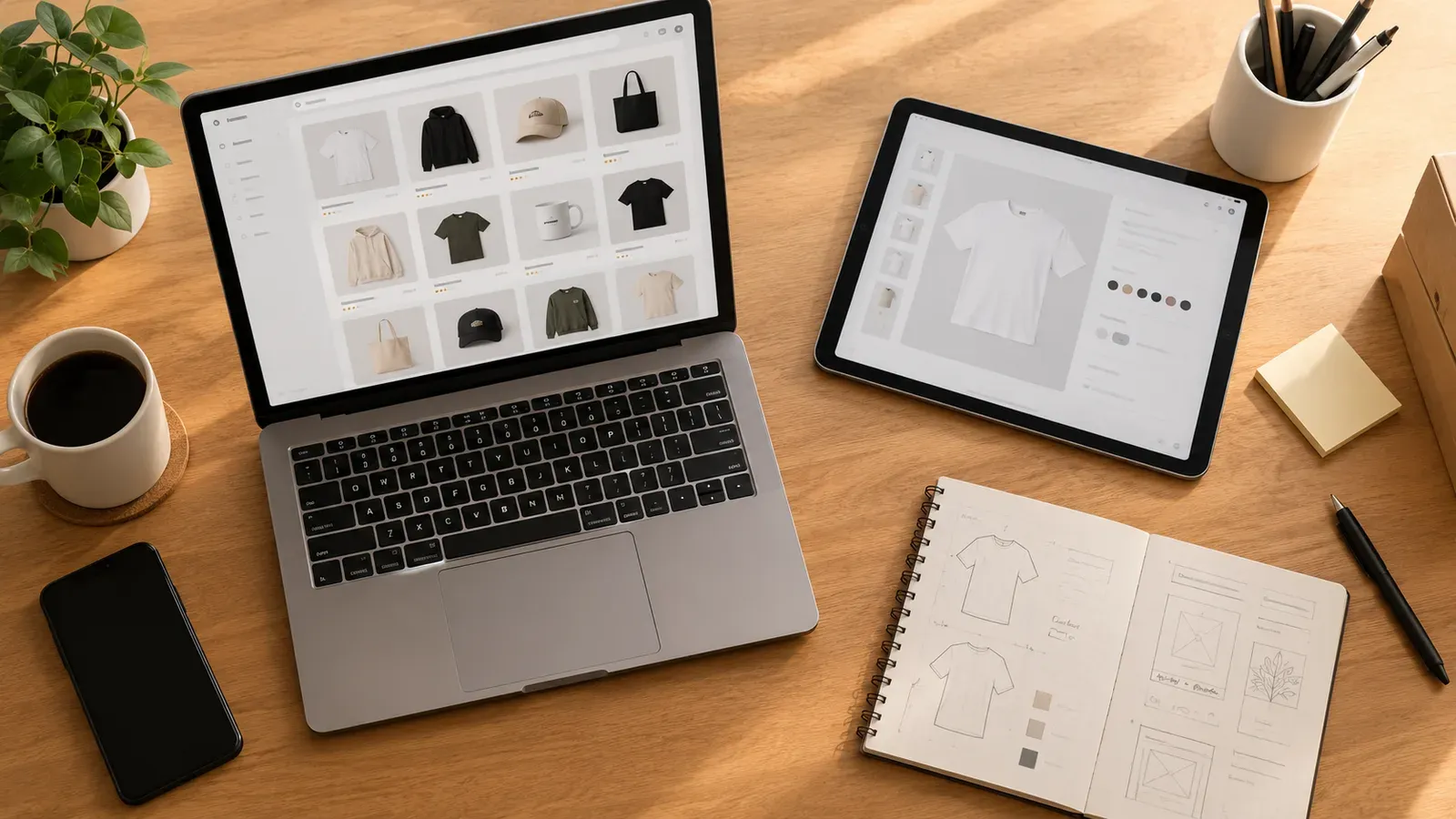 Overhead view of a seller's desk with a laptop showing a grid of product thumbnails