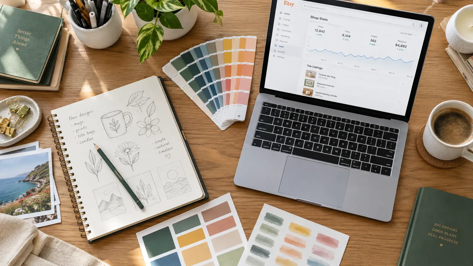 Etsy seller planning no inventory product line with sketches and laptop