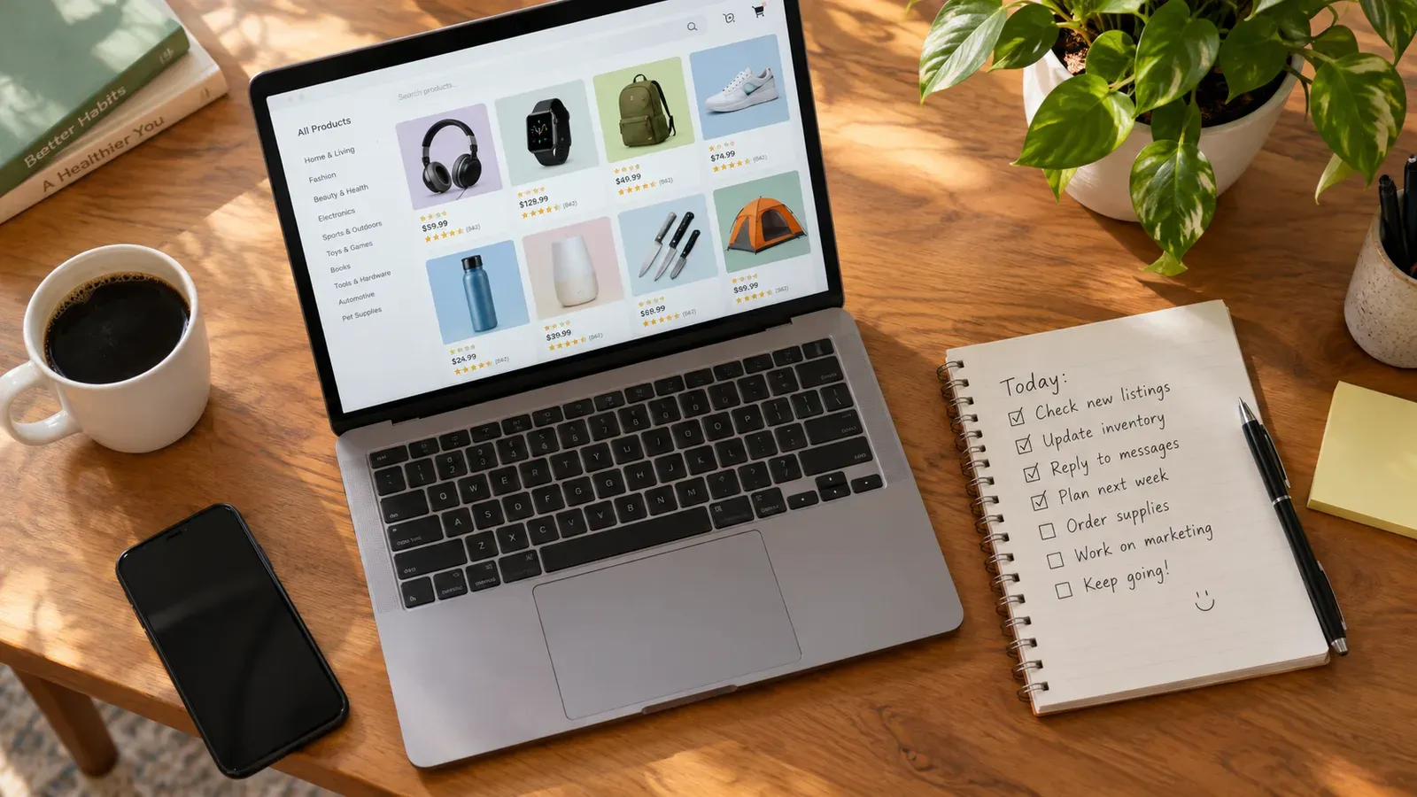 Print-on-demand seller reviewing shop listings on a laptop