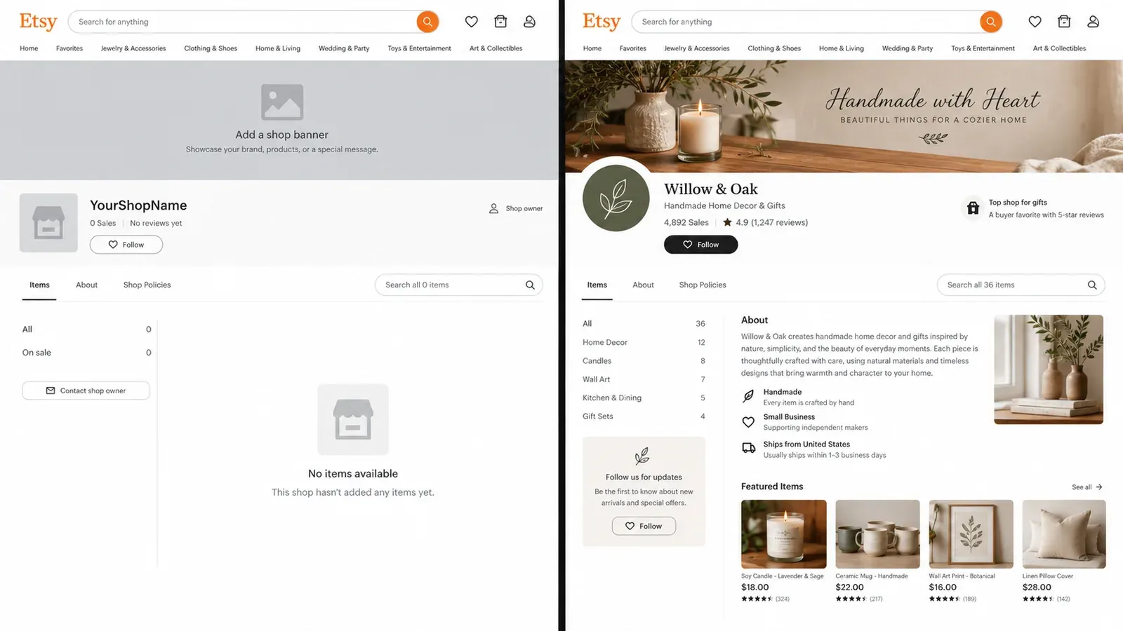 Etsy shop homepage showing empty banner and missing About section fields