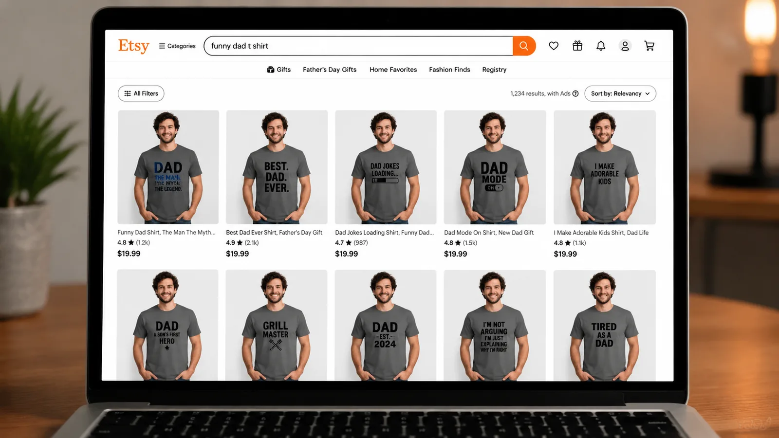 Etsy search results showing multiple listings with the same Placeit mockup template
