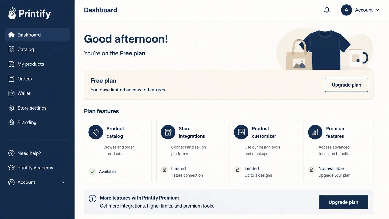 Printify free plan dashboard showing limited features