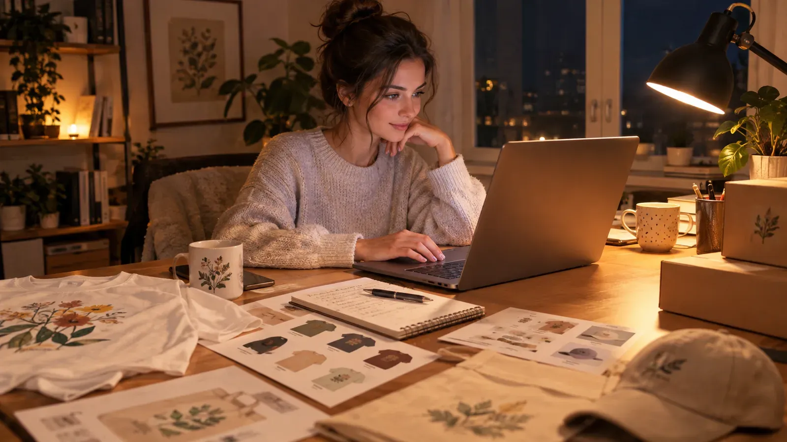 Etsy seller working late on laptop with product mockups