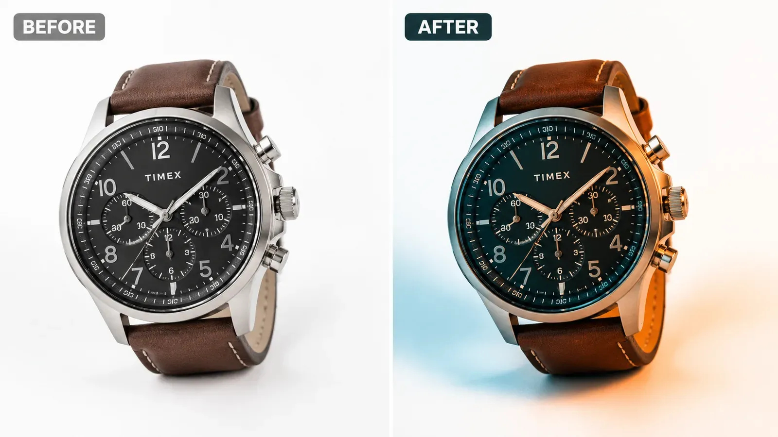 Before and after split screen of a photo edited with a cinematic Lightroom preset, Etsy listing style
