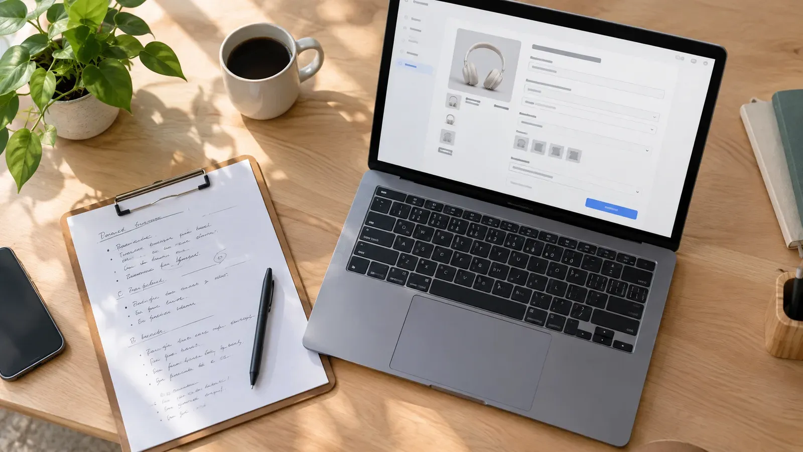 Seller reviewing product listings on a laptop with a clipboard of titles