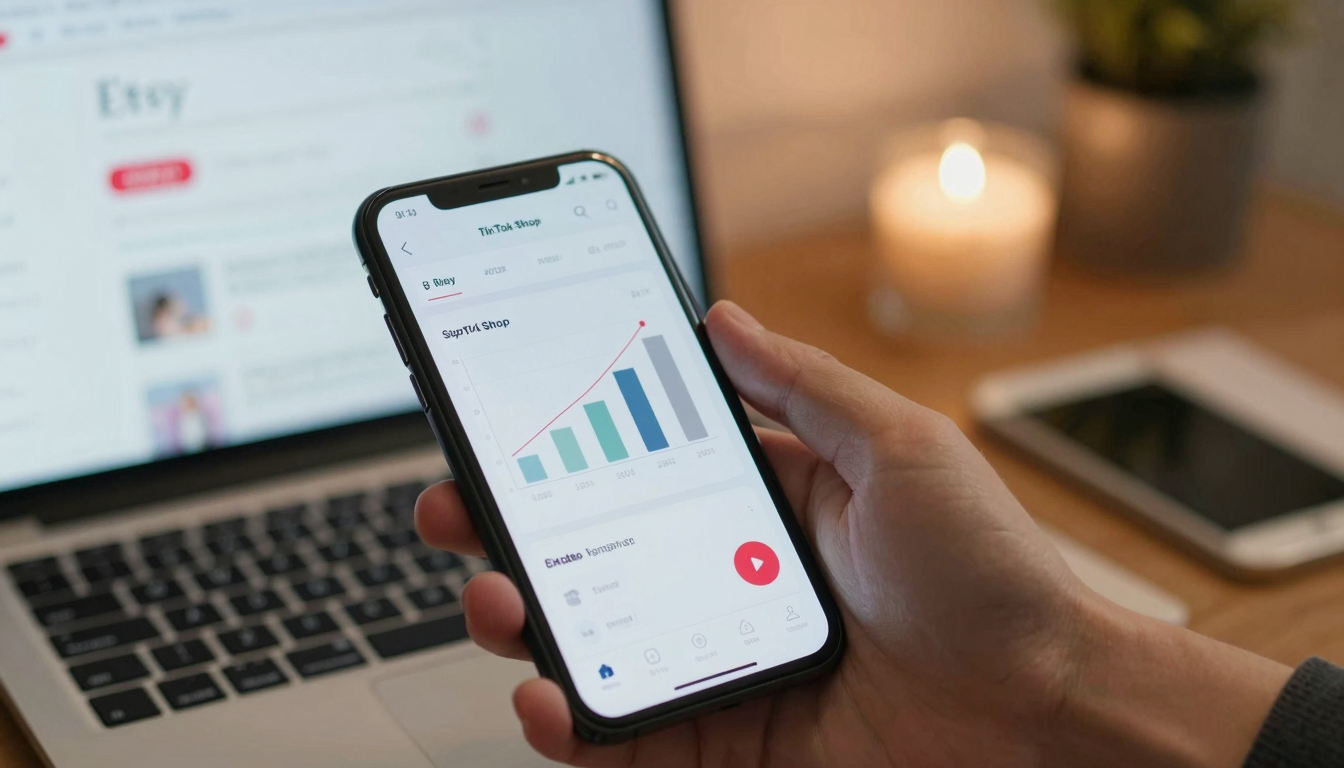 Etsy seller watching TikTok sales dashboard on phone