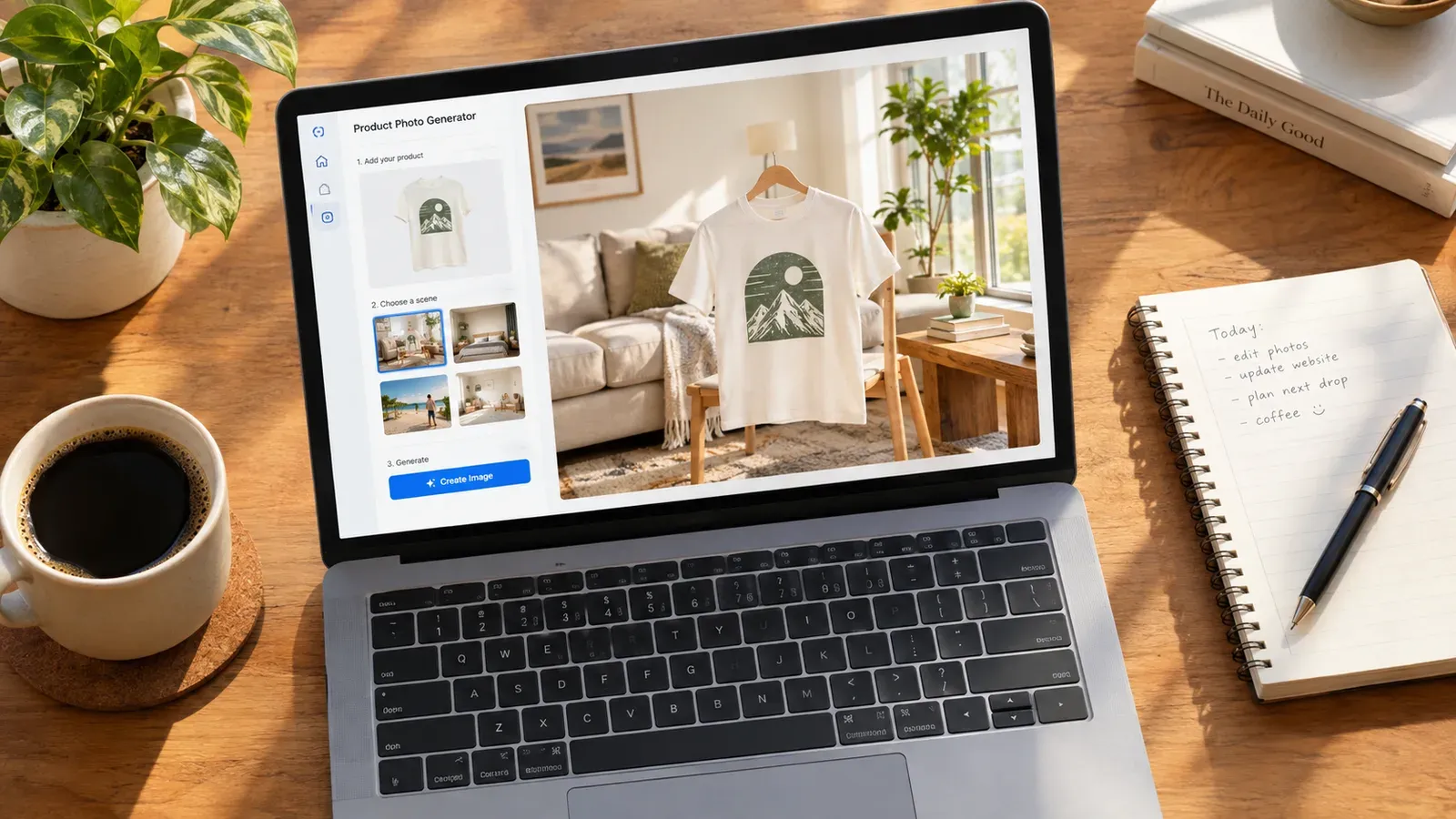 Lifestyle product photo generator interface showing design upload and scene selection