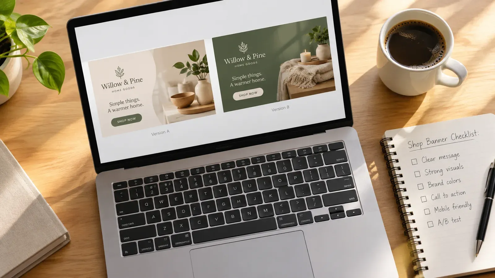 Seller comparing old and new shop banners on a laptop screen