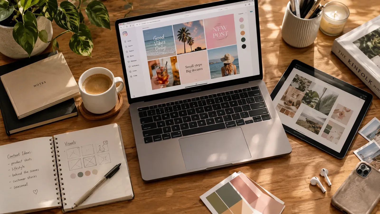 Designer's workspace with laptop showing social media template