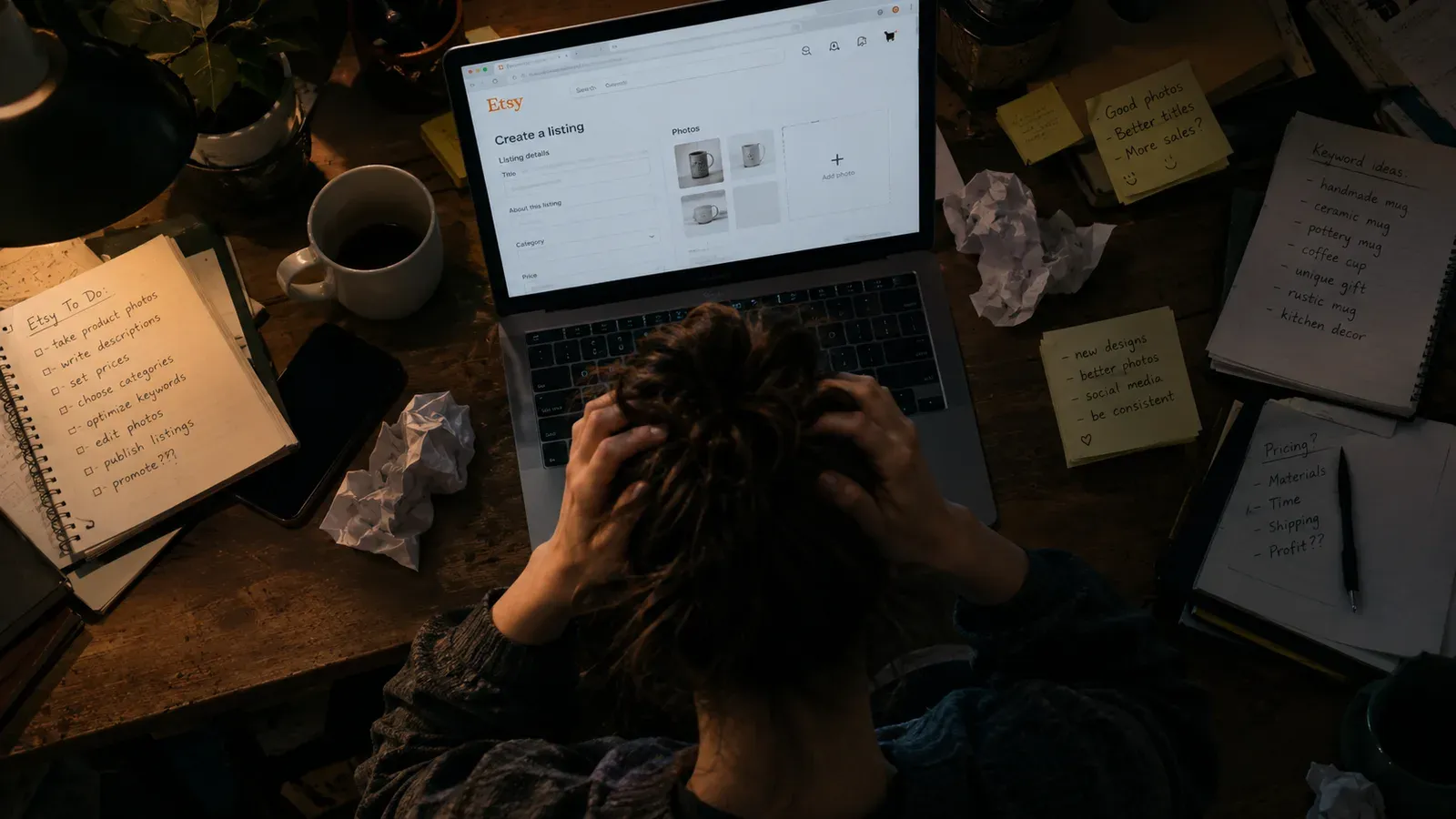 Stressed seller at cluttered desk manually uploading listings one by one