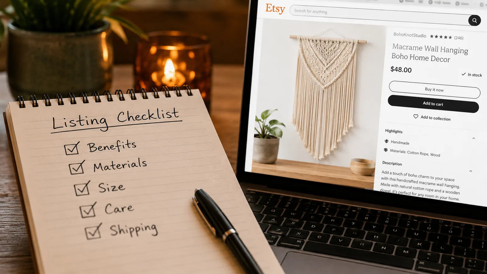 Etsy product description checklist on a notepad