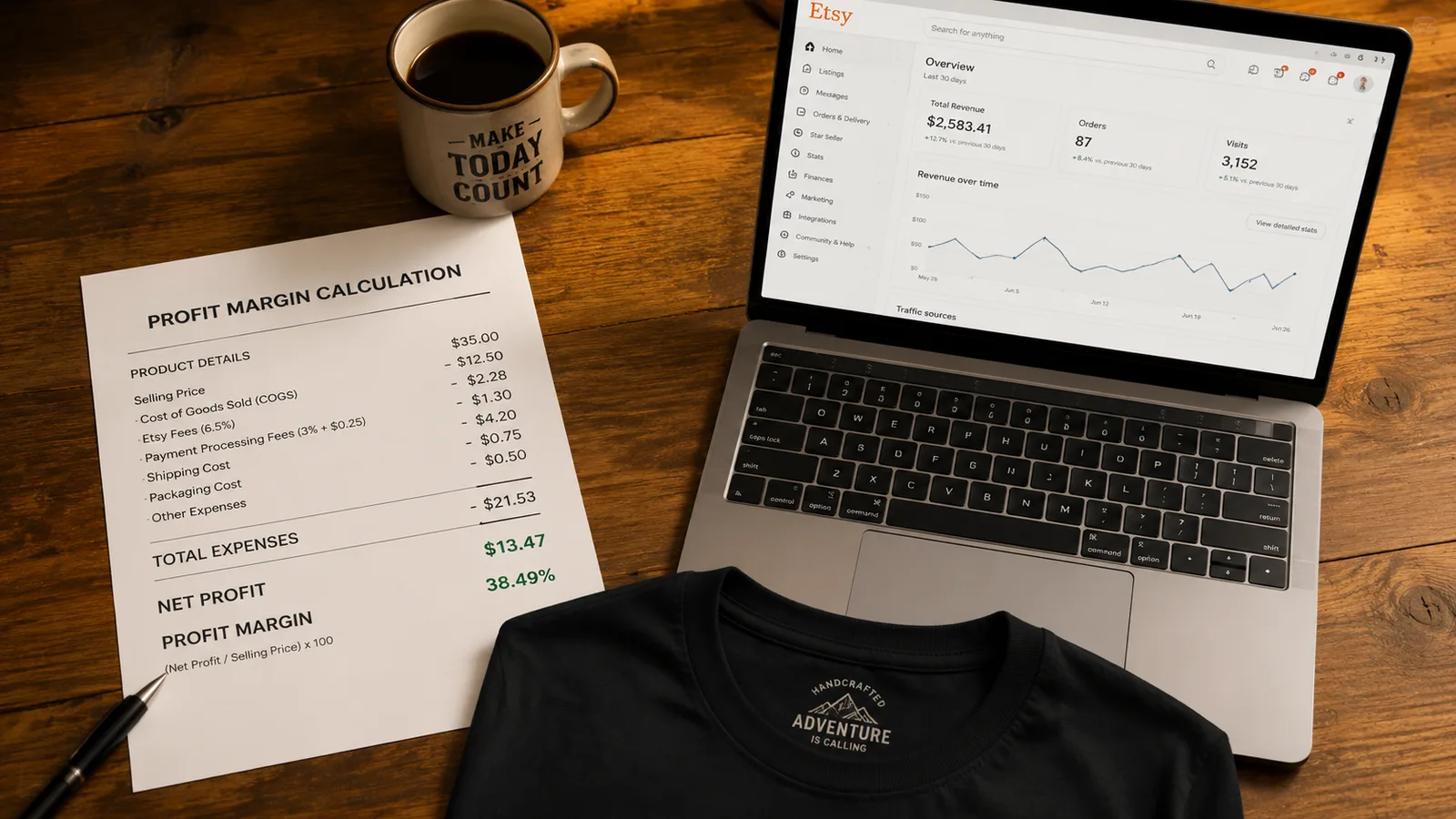 Etsy fee calculator and product samples on desk