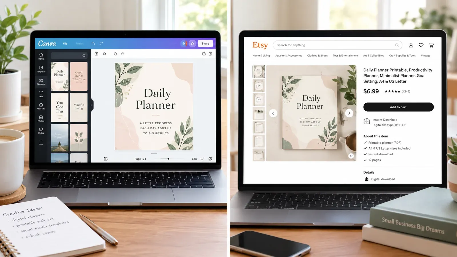 Canva interface showing template editing with text and color customization options