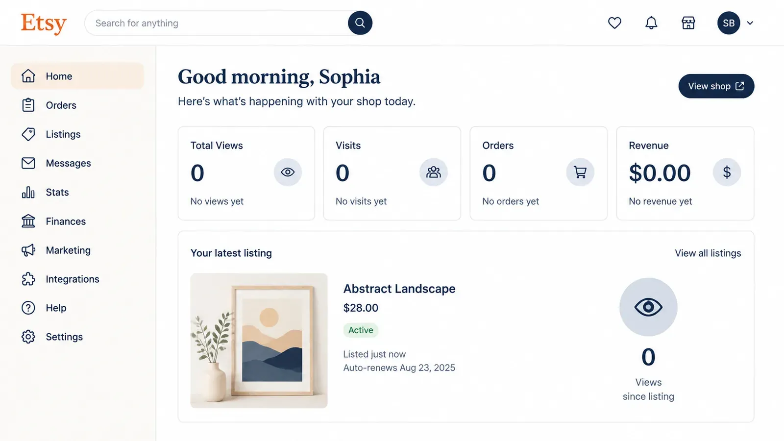 Etsy seller dashboard showing zero views on a new listing