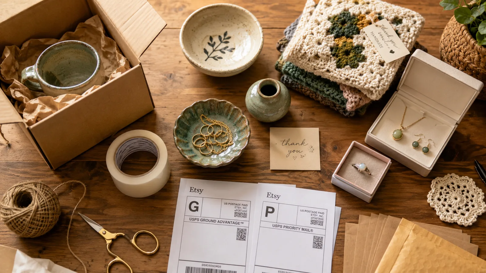 Handmade crafts spread on a table ready for shipping