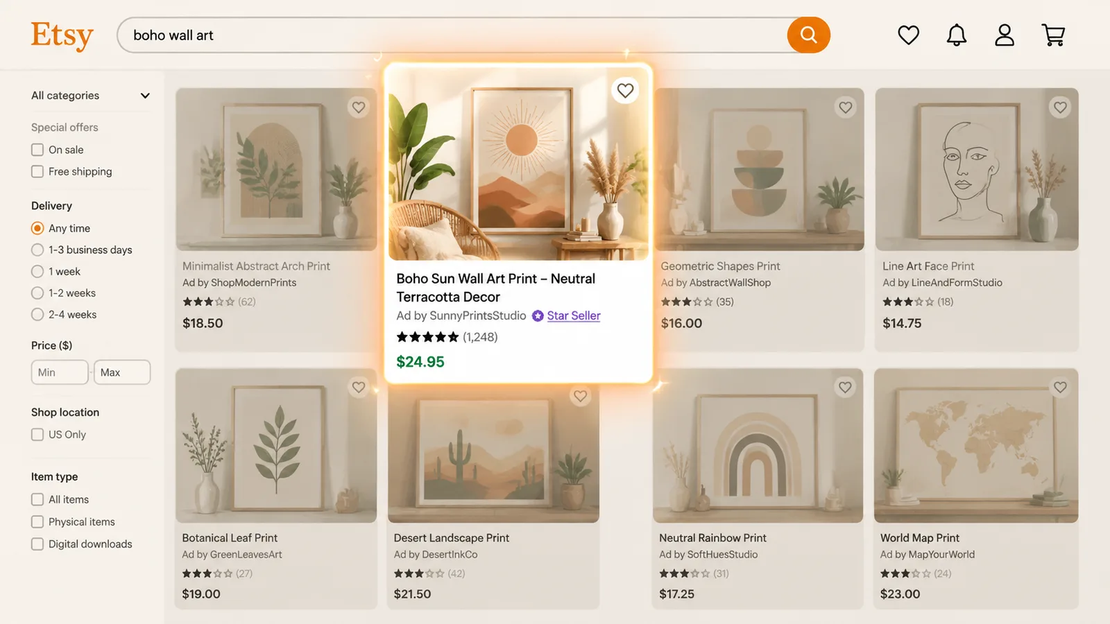 Etsy search results page with multiple listing boxes