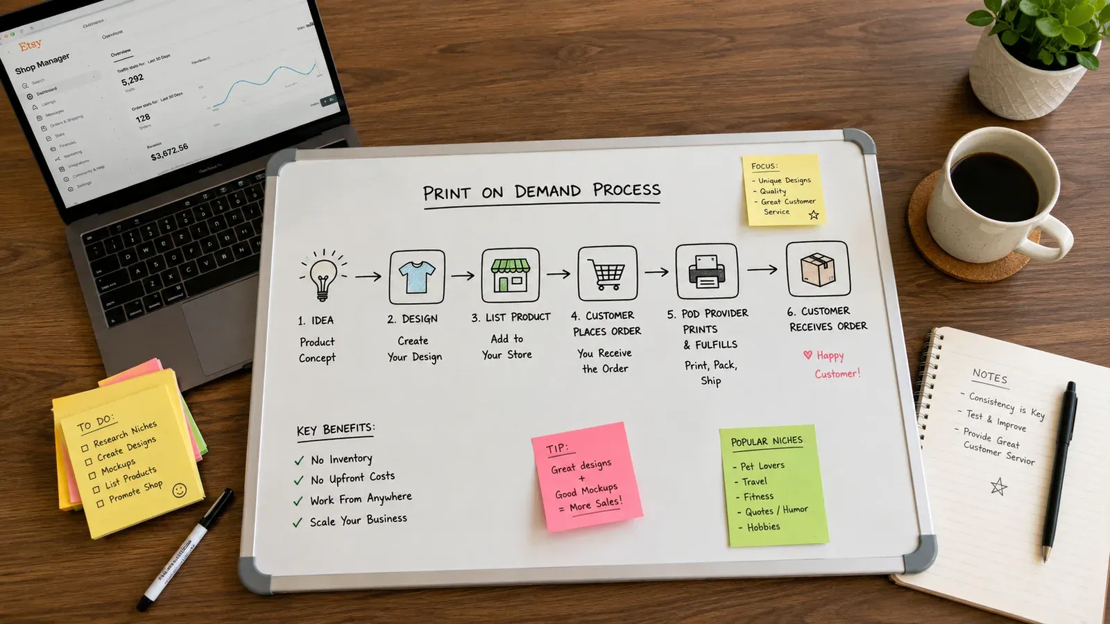 Etsy seller planning workflow on a whiteboard