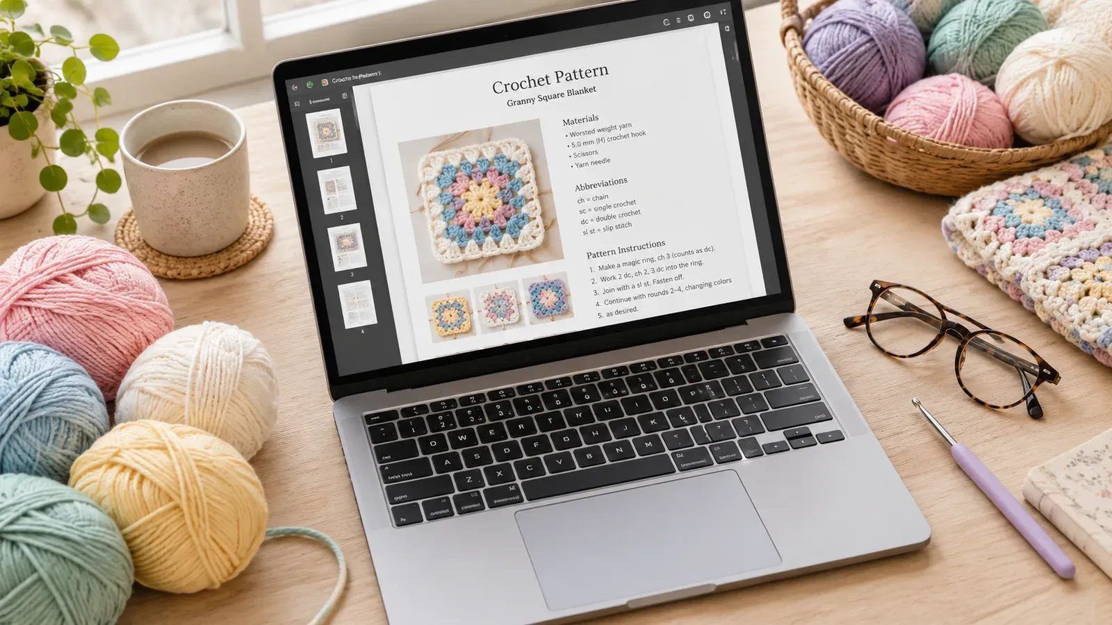 Crochet pattern displayed on laptop with colorful yarn balls