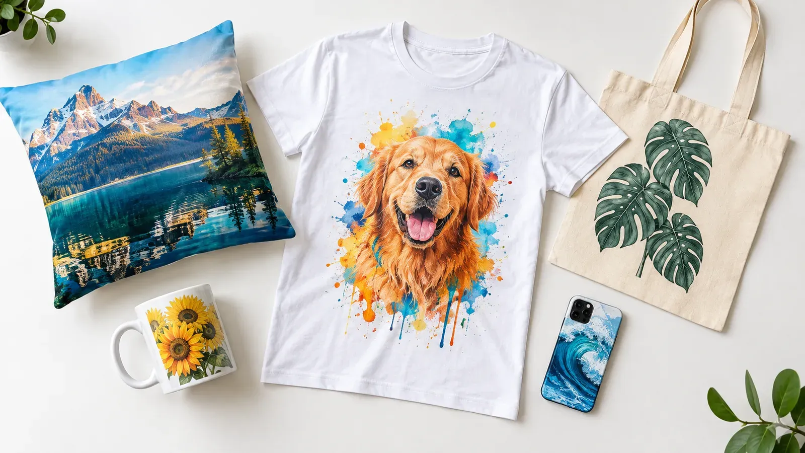Print-on-demand t-shirt and mug product photos laid out on a white table for an Etsy listing