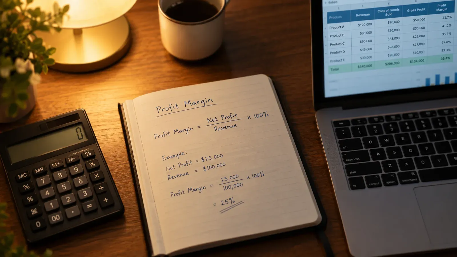 Calculator and notebook with margin formula