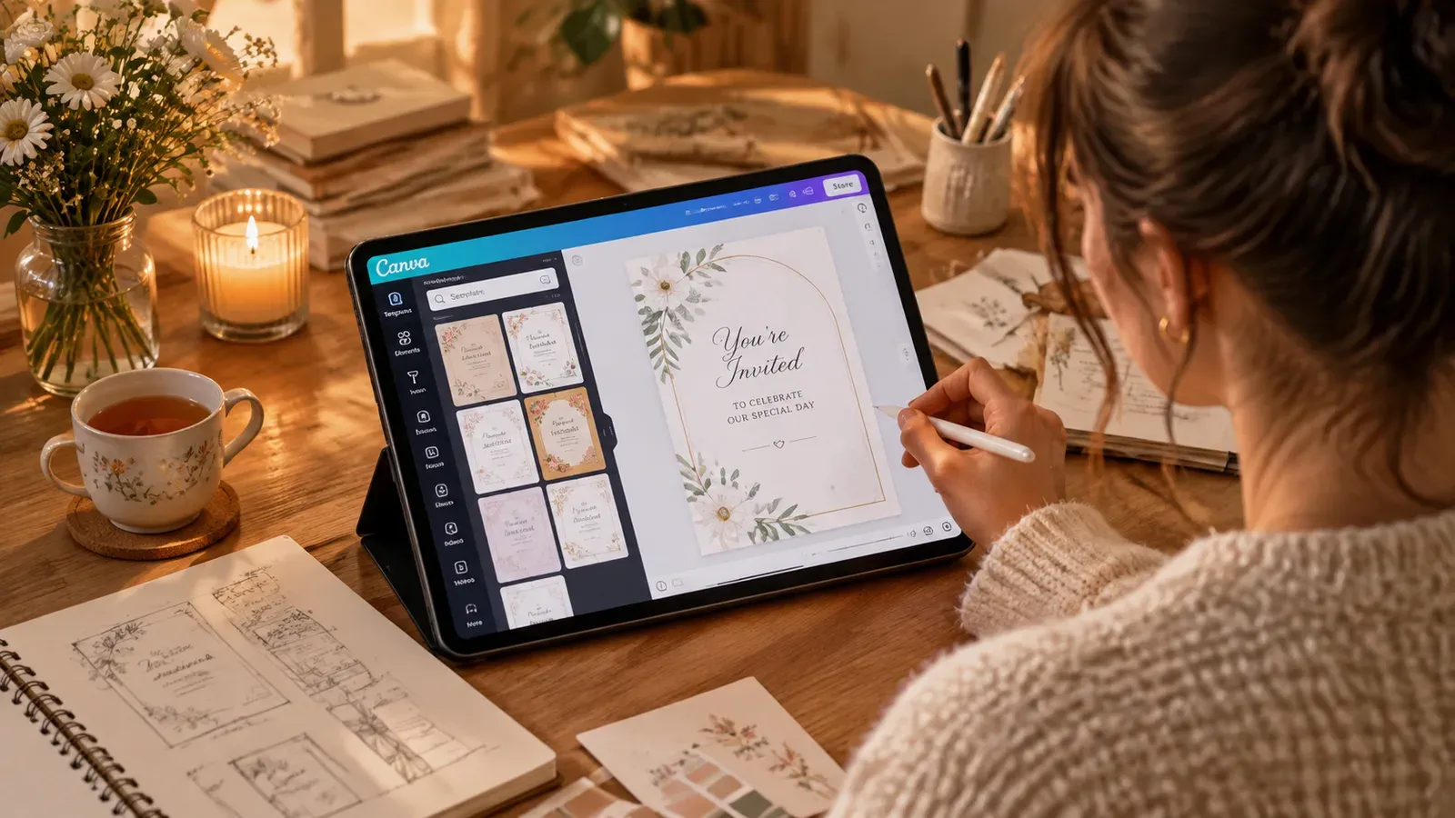 A teacher turned designer sketching digital invitation ideas on tablet