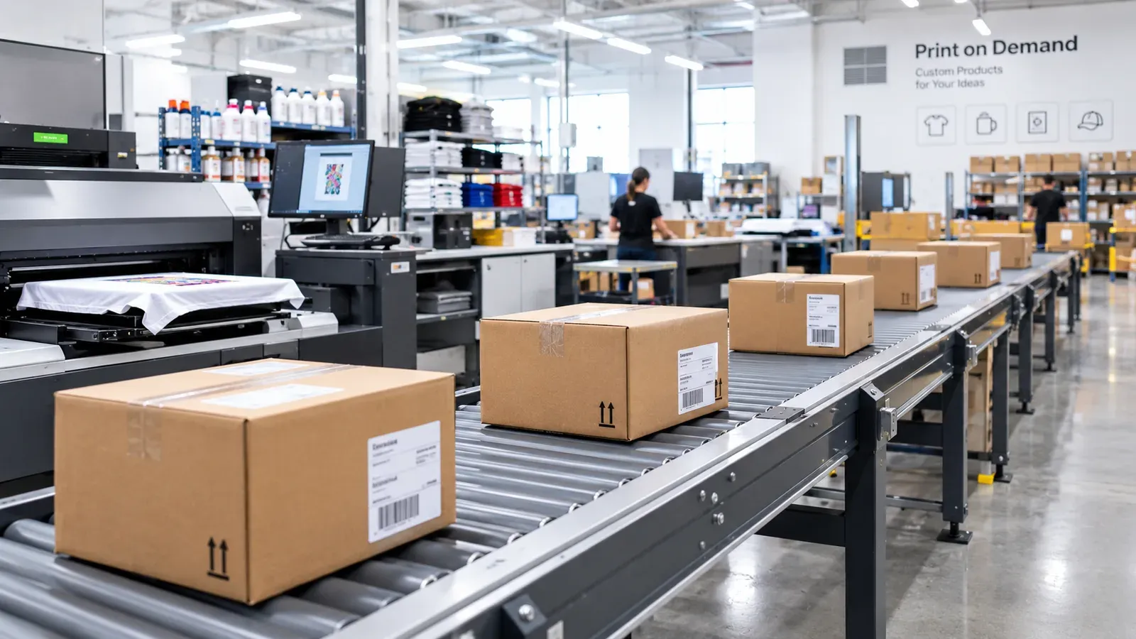 Print on demand production facility shipping boxes