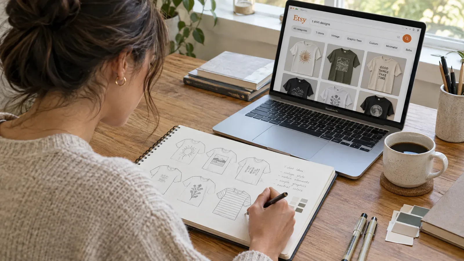 A person sketching product design ideas in a notebook while researching on a laptop
