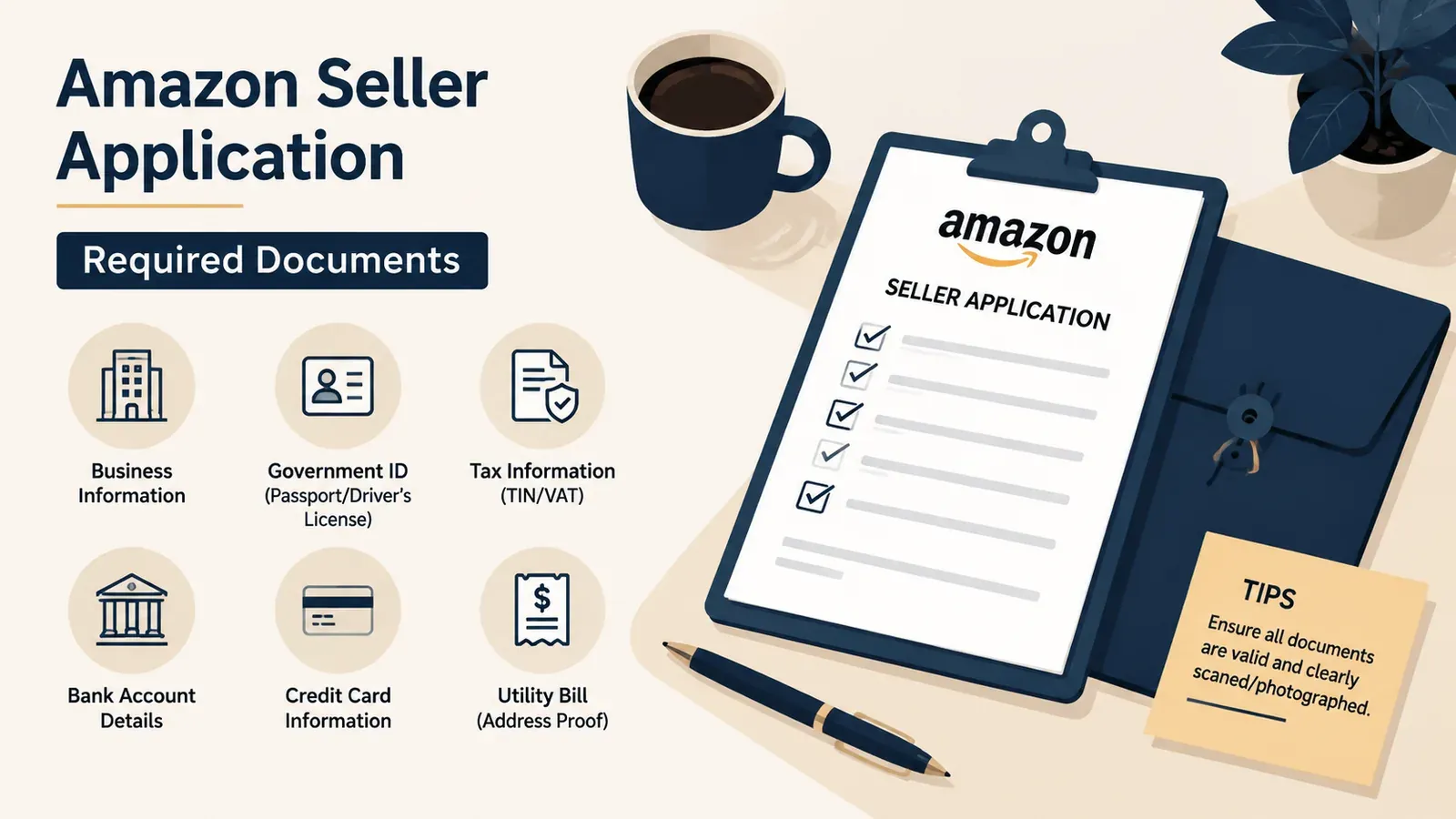 Amazon seller application required documents on desk