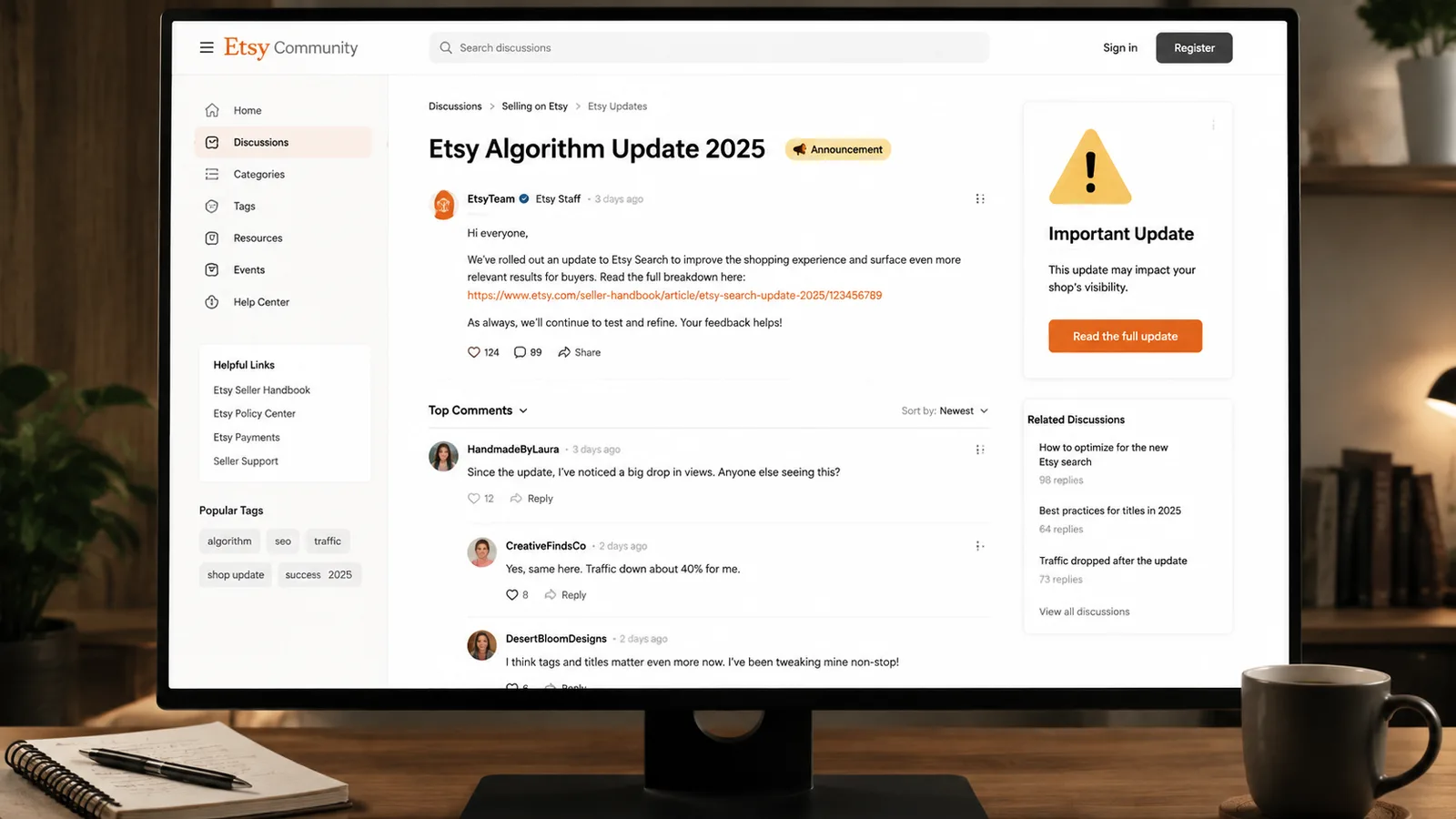Etsy seller forum thread with comments about algorithm updates
