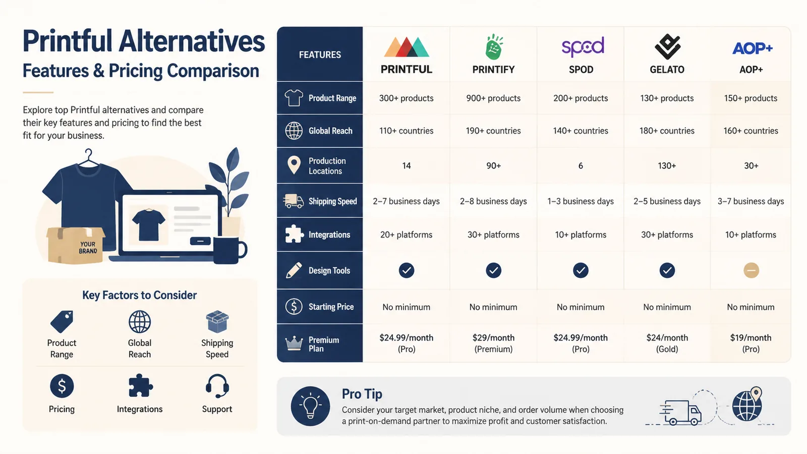 Comparison of Printful alternatives features and pricing