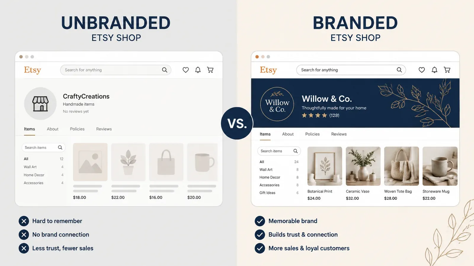 Split screen showing unbranded vs branded Etsy shop