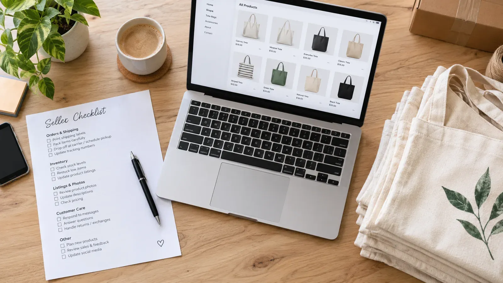 Seller reviewing a promotion checklist beside a laptop with product listings