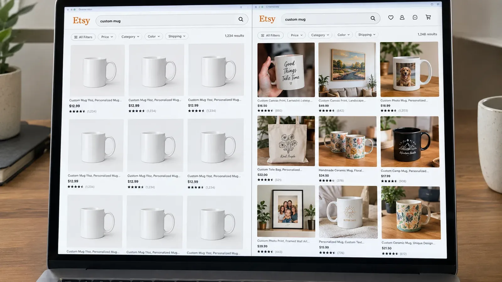 Comparison of two Etsy search result pages: one with repetitive template mockups all looking the same, and one with unique lifestyle images that stand out