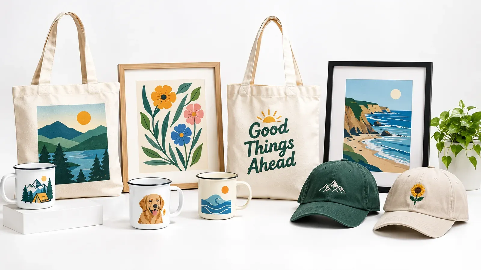 Variety of print on demand products on white background