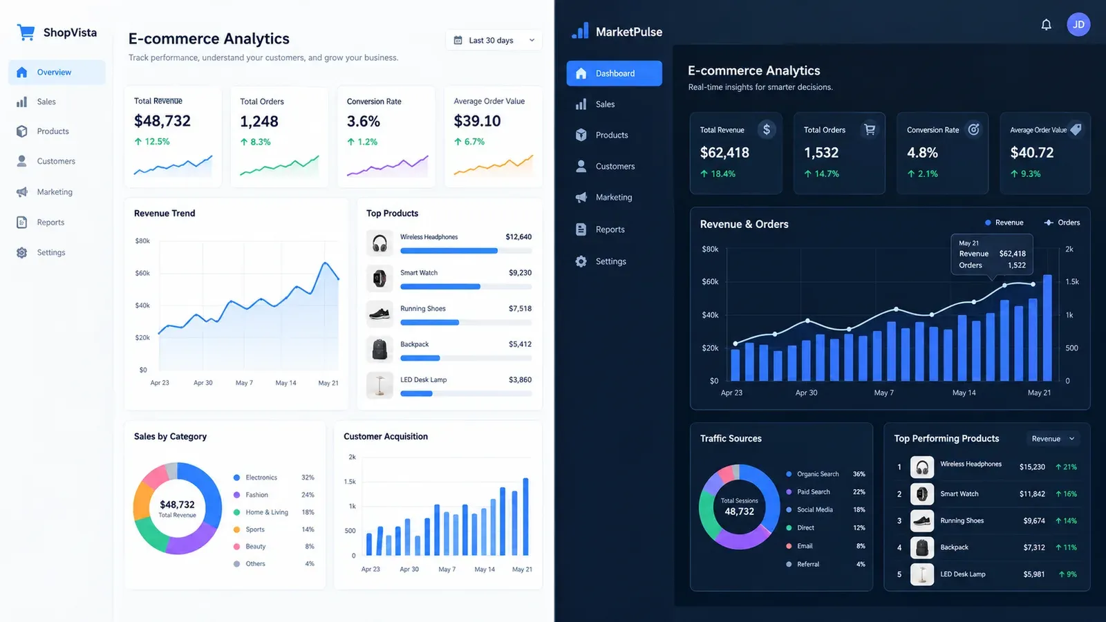 Comparison of e-commerce dashboard analytics