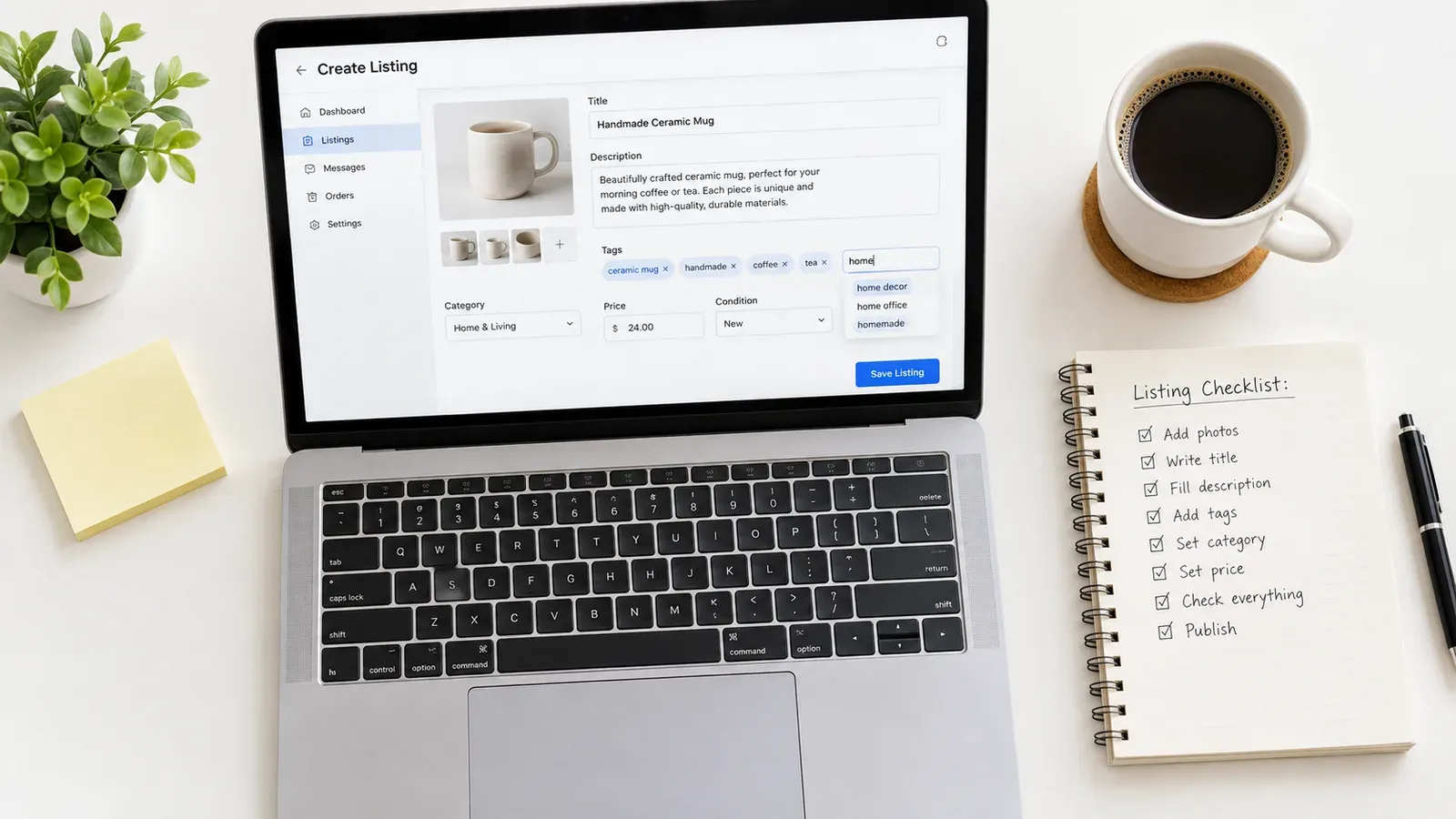 Organized tag optimization workflow on laptop with coffee